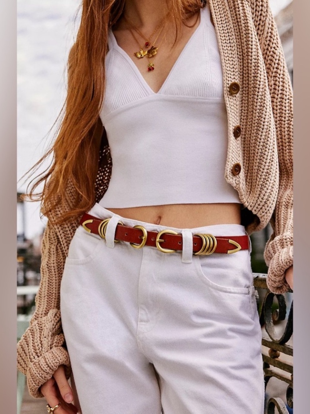NWT Free People East Meets West Leather Belt Cognac Gold M/L Western Boho Large